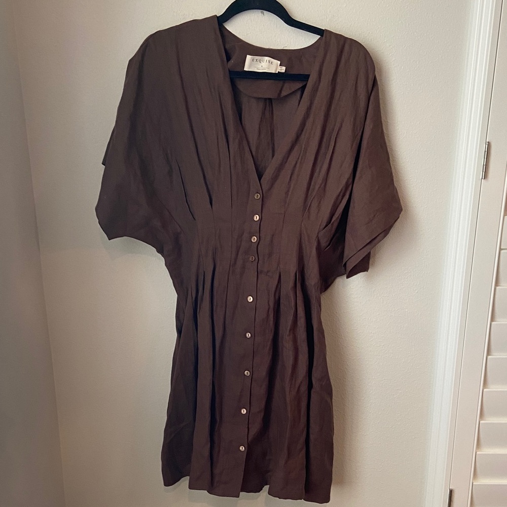 Anthropologie Exquise Amelie Brown Linen Pleated Mini Shirt Dress XL - Picture 3 of 8